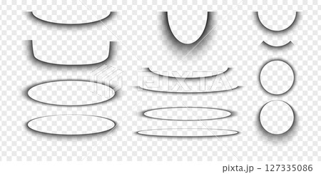 Set of circle and oval shadow effects. Different realistic blurred soft shapes. Round and elliptic package box shades isolated on transparent background. Vector realistic illustration 127335086