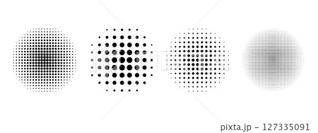 Set of dotted circles with halftone effect. Collection of round shapes with polka dot pattern isolated on white background. Simple design elements. Vector graphic illustration Set of dotted circles with halftone effect. Collection of round shapes with polka dot pattern isolated on white background. Simple design elements. Vector graphic illustration 127335091