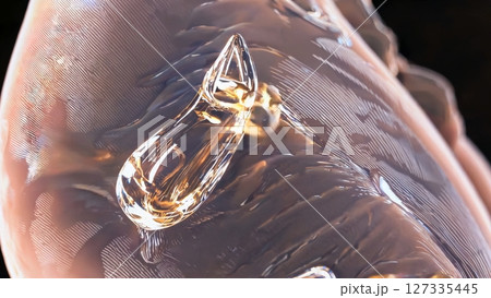 Golden skincare serum dripping onto textured skin surface, generating delicate ripples and luminous reflections under precision lighting, demonstrating fluid dynamics and cosmetic product elegance 127335445