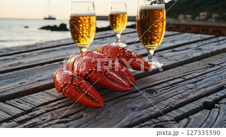 Red lobster claws and three glasses of beer sit on a weathered wooden table by the sea at sunset, creating a relaxed and inviting atmosphere Red lobster claws and three glasses of beer sit on a weathered wooden table by the sea at sunset, creating a relaxed and inviting atmosphere 127335590