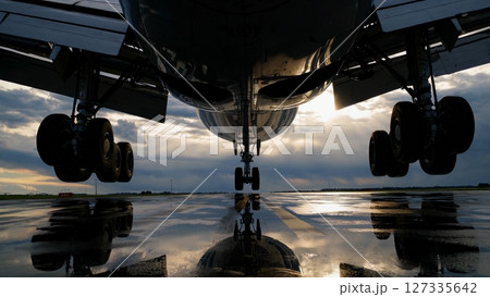 Passenger airplane landing on wet runway during sunset, water surface reflecting dramatic sky and aircraft silhouette Passenger airplane landing on wet runway during sunset, water surface reflecting dramatic sky and aircraft silhouette 127335642