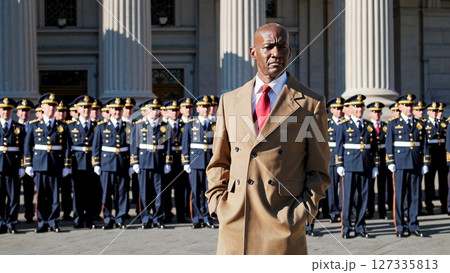 Confident politician standing with hands in pockets, embodying leadership and authority near military honor guard at neoclassical government building with classic columns Confident politician standing with hands in pockets, embodying leadership and authority near military honor guard at neoclassical government building with classic columns 127335813