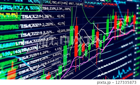 Vibrant digital screens displaying colorful stock market data, candlestick charts revealing emerging bullish trend and potential financial growth across multiple financial market segments 127335873
