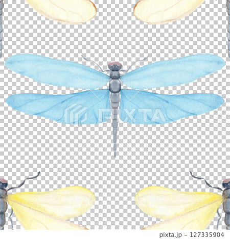 Yellow and blue dragonflies, wings, painted watercolor seamless pattern isolated on white. Ideal for nature branding, packaging, eco-friendly design, stationery, wall art, wedding, baby shower themes Yellow and blue dragonflies, wings, painted watercolor seamless pattern isolated on white. Ideal for nature branding, packaging, eco-friendly design, stationery, wall art, wedding, baby shower themes 127335904