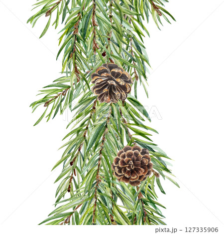 Fir branches seamless watercolor seamless border. Hand-painted evergreen foliage design ideal for packaging, fabric, wallpaper, holiday cards, branding, eco products, seasonal decorations, holiday 127335906