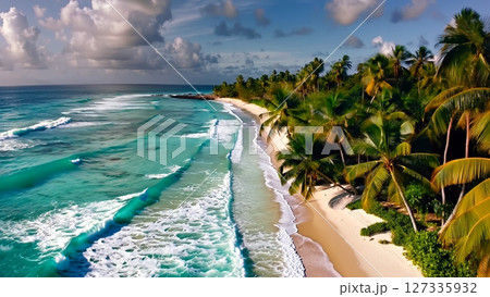 Turquoise waters lapping pristine white sand beach, surrounded by swaying coconut palms under vibrant azure sky with billowing clouds, embodying tropical serenity Turquoise waters lapping pristine white sand beach, surrounded by swaying coconut palms under vibrant azure sky with billowing clouds, embodying tropical serenity 127335932