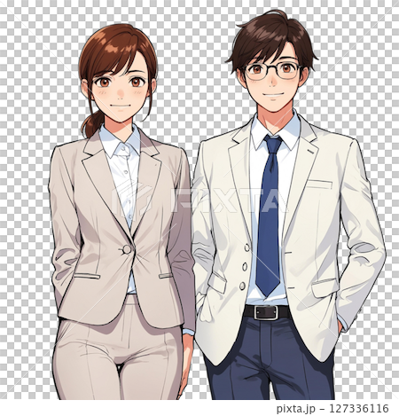 身穿米色西裝的微笑男女的商業插圖（白色背景） 127336116