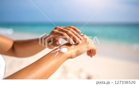 日焼け止めを塗っている女性の手元 日焼け止めを塗っている女性の手元 127336520