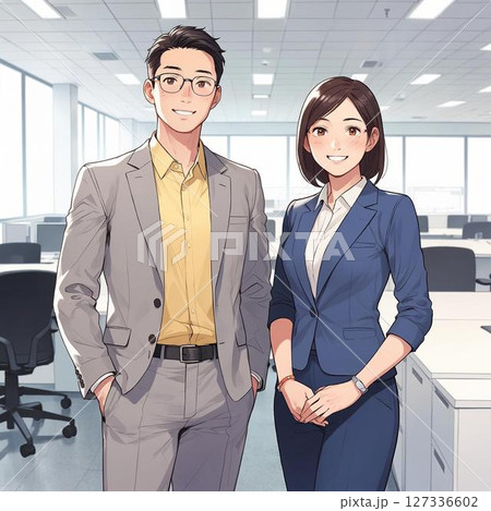 オフィス内でスーツ姿の男女が笑顔で並ぶイラスト オフィス内でスーツ姿の男女が笑顔で並ぶイラスト 127336602