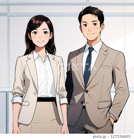 ベージュ系スーツの男女がオフィスで並ぶビジネスイラスト 127336605