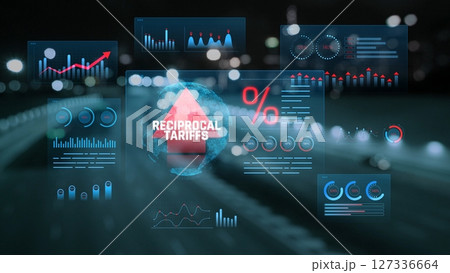 Infographic Displaying Concepts of Reciprocal Tariffs with Statistical Data and Graphical Visualization at Nighttime Urban Setting. Consignment 127336664