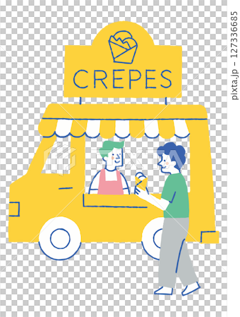 Men lining up at a mobile crepe shop_color 127336685