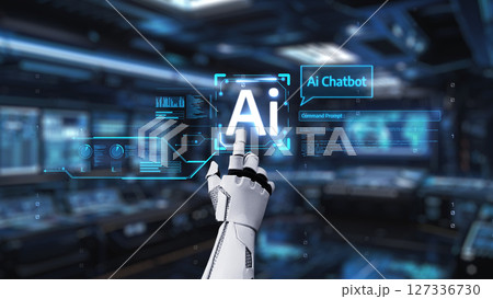 Futuristic Robot Interface Touching AI Chatbot Icon in High-Tech Control Room with Data Visualizations and Advanced Technology Display Elements. Auvana 127336730