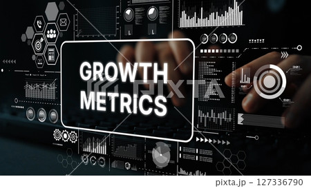 Detailed Visualization of Growth Metrics and Data Analysis on Digital Screen with Hands Typing. Asymptotic smart data analytic 127336790