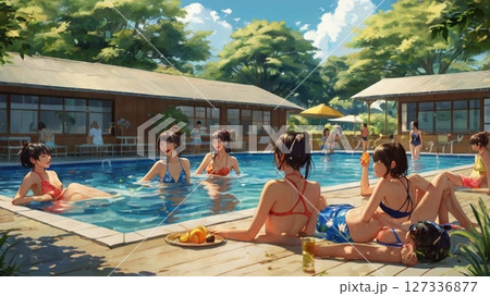 灼熱の太陽の下で、水しぶきと笑い声が弾ける、真夏の青春を駆け抜ける20代の彼女たちが刻む一瞬の煌めき 127336877