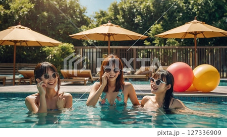 灼熱の太陽の下で、水しぶきと笑い声が弾ける、真夏の青春を駆け抜ける20代の彼女たちが刻む一瞬の煌めき 127336909