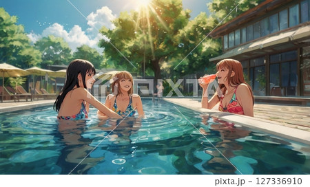 灼熱の太陽の下で、水しぶきと笑い声が弾ける、真夏の青春を駆け抜ける20代の彼女たちが刻む一瞬の煌めき 127336910