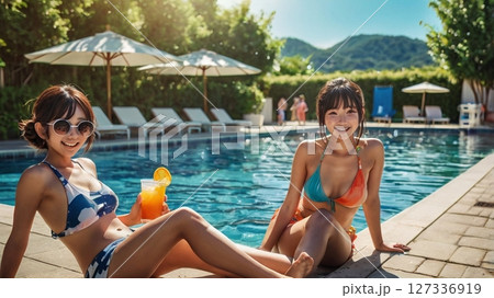 灼熱の太陽の下で、水しぶきと笑い声が弾ける、真夏の青春を駆け抜ける20代の彼女たちが刻む一瞬の煌めき 127336919