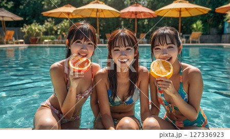 灼熱の太陽の下で、水しぶきと笑い声が弾ける、真夏の青春を駆け抜ける20代の彼女たちが刻む一瞬の煌めき 127336923