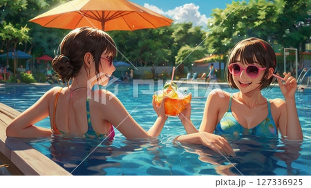 灼熱の太陽の下で、水しぶきと笑い声が弾ける、真夏の青春を駆け抜ける20代の彼女たちが刻む一瞬の煌めき 127336925
