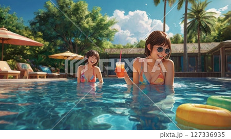 灼熱の太陽の下で、水しぶきと笑い声が弾ける、真夏の青春を駆け抜ける20代の彼女たちが刻む一瞬の煌めき 127336935