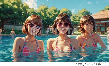 灼熱の太陽の下で、水しぶきと笑い声が弾ける、真夏の青春を駆け抜ける20代の彼女たちが刻む一瞬の煌めき 127336938