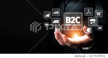Business to Consumer Concept with Digital Icons Representing B2C Transactions and AI Technologies in a Modern Business Setting XDMCP Business to Consumer Concept with Digital Icons Representing B2C Transactions and AI Technologies in a Modern Business Setting XDMCP 127337041