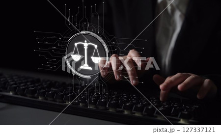 Digital law interface displaying justice scale, highlighting digital law Muxer 127337121