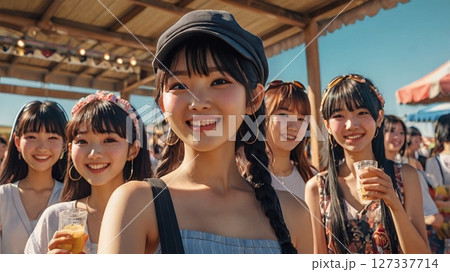 真夏の太陽に照らされながら、音楽と友情に包まれて笑い合うフェスティバルという名の青春の一瞬 127337714