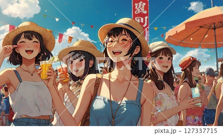 真夏の太陽に照らされながら、音楽と友情に包まれて笑い合うフェスティバルという名の青春の一瞬 127337715