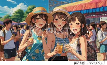 真夏の太陽に照らされながら、音楽と友情に包まれて笑い合うフェスティバルという名の青春の一瞬 真夏の太陽に照らされながら、音楽と友情に包まれて笑い合うフェスティバルという名の青春の一瞬 127337720