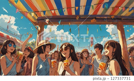 真夏の太陽に照らされながら、音楽と友情に包まれて笑い合うフェスティバルという名の青春の一瞬 127337731