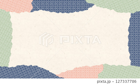 和風の背景。大人っぽい色の和柄のフレーム。折り紙のちぎり絵風の壁紙。 127337786