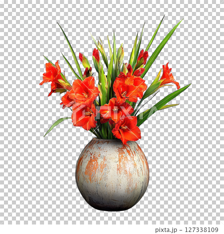 Stylish and vibrant Gladiolus flowers in decorative vase, showcasing their rich red hues and lush green leaves, perfect for adding 127338109