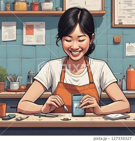 作業室でスマホ修理をするエプロン姿の女性 127338327