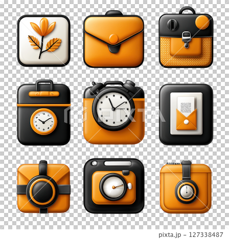 Stylish collection of orange and black rounded square icons featuring various designs like clock, envelope, and bag. Perfect for 127338487