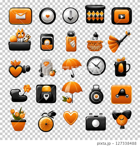 Collection of orange and black rounded square icons featuring various designs like hearts, umbrellas, and clocks, creating vibrant 127338488