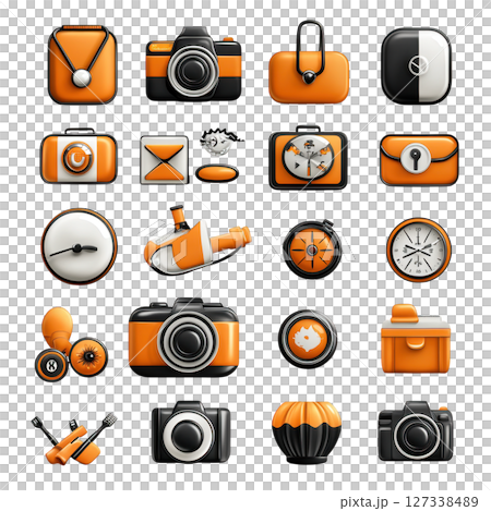 Collection of orange and black rounded square icons featuring various items like cameras, bags, and clocks, showcasing modern 127338489