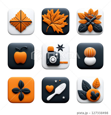 Collection of orange and black rounded square icons featuring nature and food themes, including leaves, fruits, and photography 127338498