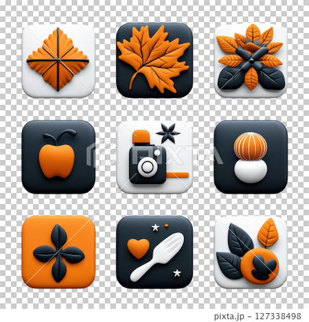 Collection of orange and black rounded square icons featuring nature and food themes, including leaves, fruits, and photography 127338498