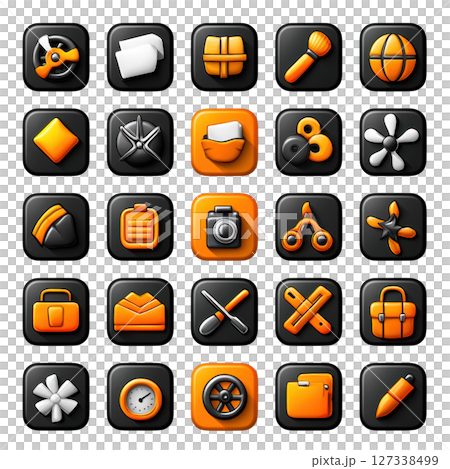 Collection of orange and black rounded square icons featuring various tools and objects, including scissors, camera, and globe, 127338499