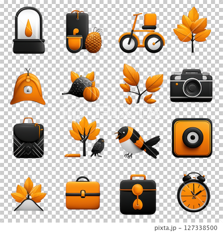 Collection of orange and black rounded square icons featuring various objects like bicycle, camera, and leaves. These icons 127338500