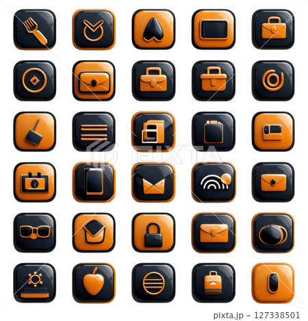 Collection of rounded square icons in orange and black, featuring various symbols like utensils, briefcases, and envelopes, 127338501