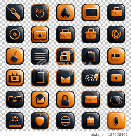 Collection of rounded square icons in orange and black, featuring various symbols like utensils, briefcases, and envelopes, 127338501