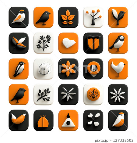Collection of orange and black rounded square icons featuring birds, flowers, and leaves, showcasing modern design aesthetic. 127338502