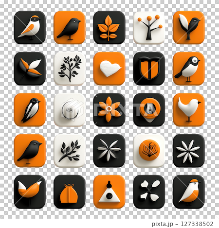 Collection of orange and black rounded square icons featuring birds, flowers, and leaves, showcasing modern design aesthetic. 127338502
