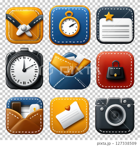 Colorful rounded square icons featuring various symbols like seatbelt, clock, document, envelope, handbag, and camera, conveying 127338509