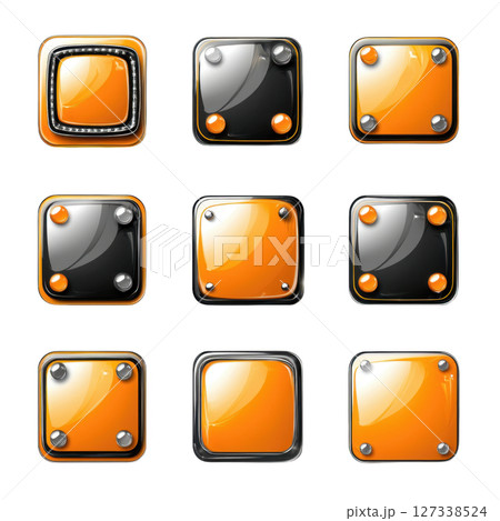Bright orange and black rounded square icons arranged in grid pattern, showcasing modern design with glossy finishes and metallic Bright orange and black rounded square icons arranged in grid pattern, showcasing modern design with glossy finishes and metallic 127338524