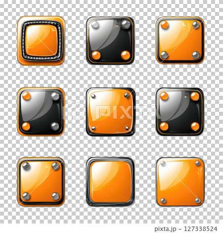 Bright orange and black rounded square icons arranged in grid pattern, showcasing modern design with glossy finishes and metallic Bright orange and black rounded square icons arranged in grid pattern, showcasing modern design with glossy finishes and metallic 127338524