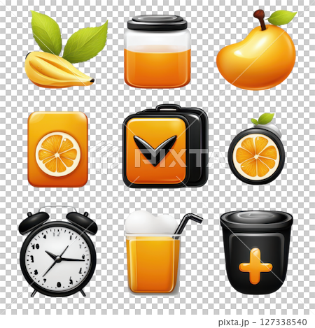Fresh fruits and beverages in vibrant orange and black icons, featuring mango, guava, juice, and more. Perfect for food and drink 127338540